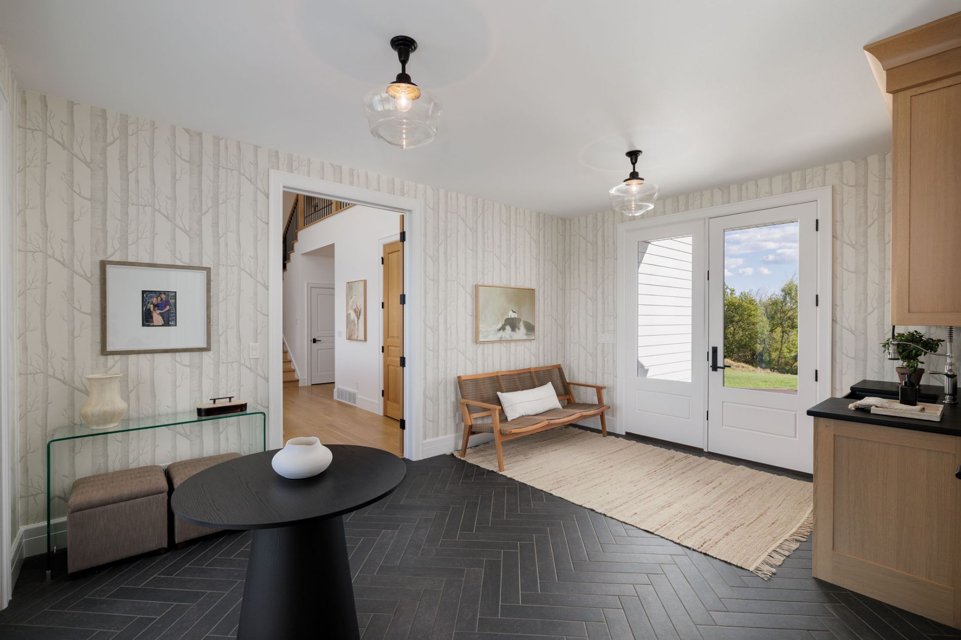Breezeway with Herringbone Tile Floor, Soapstone Counters & Custom Cabinetry